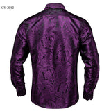 Wiaofellas - Luxury Silk Polyester Casual Shirts for Men Long Sleeve Blouse Prom Tuxedo Formal Purple Paisley Designer Men Clothing