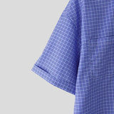 Wiaofellas  -  Men Plaid Shirt Lapel Short Sleeve Loose Casual Men Clothing Summer Korean Style Pockets Fashion Leisure Male Tops