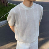 Wiaofellas  -  Men's Knitted Solid Color Short-Sleeved T-Shirt American Fashion Trend Casual Simple Loose Breathable Summer New Men's Tops
