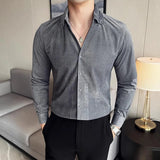 WIAOFELLAS  -  Retro British Style Velvet Men Shirt High Quality Handsome V-Neck Long Sleeve Male Dress Shirts Fashion Streetwear Mens Clothing