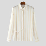 WIAOFELLAS  -  Men Striped Shirts Lapel Long Sleeve Lace Up Loose Autumn Men Clothing Streetwear Fashion Casual Male Shirts S-5XL
