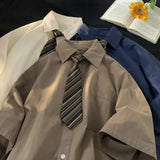 Wiaofellas  -  Men Japanese Style Summer Short Sleeve Shirt with Tie DK Uniform Retro Loose School Blouse Plus Size