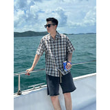 Wiaofellas  -  New Lazy - style Plaid Loose Short - sleeve Shirt for Men, Casual Beach Vacation Linen - like Breathable Top