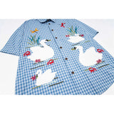 WIAOFELLAS  -  Men Streetwear Retro Vintage Shirt Swan Applique Embroiderey Plaid Cotton Summer Casual Harajuku Shirt Short Sleeve Japanese Tee