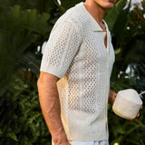 WIAOFELLAS  -  Summer Men's Retro Solid Color Short-Sleeved Shirt Knitted Hollow Fashion Casual Trend Loose Breathable Seaside Beach Men's Tops