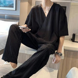 WIAOFELLAS  -  Ice Silk Sports Suit V-neck Short-sleeved T-shirt and Trousers Two-piece Set British Yuppie Handsome Summer Set