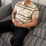 Wiaofellas  -  Daily Leisure Mens Slim Polo Shirts Knitted Short Sleeve Buttoned Turn-down Collar Polo Shirt Summer Casual Striped Knitting Top