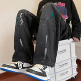 WIAOFELLAS  -  Spring Autumn Fashion Pure Color Splashed Ink Jeans Men's Clothing American Style Loose Casual Chaopai Wide Leg Trousers