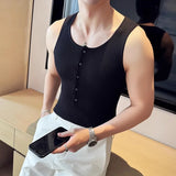 WIAOFELLAS  -  Summer Button Sleeveless T-shirts for Men Fitness Gym Slim Fit Mens Tank Tops Sweatshirt Jogging Tracksuit Elastic Tee Tops Man