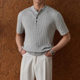 Wiaofellas  -  Men's Henley Short Sleeve Knit T-Shirt Summer Breathable Cable Texture Slim Fit Old Money Style Top Youth Street Tees
