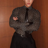 WIAOFELLAS  -  Men Shirt Polka Dot Printing Lapel Long Sleeve Button Men Clothing Mesh See Through Loose Fashion Male Shirts Streetwear