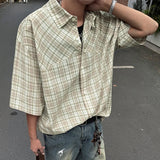 WIAOFELLAS  -  New Korean Style Men's Shirts Short Sleeve Plaid Design Lapel Summer Menswear Loose Single Breasted Male Tops 2025
