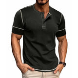 WIAOFELLAS  -  Summer Henry Collar T-Shirt for Men Solid Short Sleeve Button Casual Tshirt Fashion Tees Mens Clothing