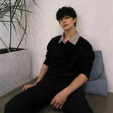 WIAOFELLAS  -  Black American Houndstooth long-sleeved T-shirt men's summer thin high-end sweatshirt cleanfit jacket