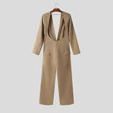 Wiaofellas  -  Men Jumpsuits Solid Color V Neck Long Sleeve Button Casual Male Rompers Streetwear Backless Hollow Out Fashion Overalls
