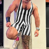 Wiaofellas  -  Sports Fitness Slim Fit Leotard Mens Sexy Sleeveless Straps Jumpsuits Summer Vintage Striped Printed Shorts Romper Overalls Men