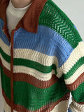 Wiaofellas  -  Contrast Color Striped Dual Zippers Cardigan Japanese Hollow Out Men and Women Jackets Y2k Aesthetic Streetwear Women Tops