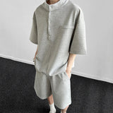 WIAOFELLAS  -  Korean Style Men's Two-piece Stand Collar Short Sleeved Button Design Solid Color T-shirts Drawstring Male Shorts