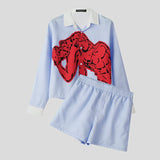 WIAOFELLAS  -  Men Sets Printing Striped Patchwork Streetwear Lapel Long Sleeve Shirt Crop Tops & Shorts Two Pieces Sets 2025 Men Suits