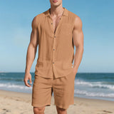 Wiaofellas  -  Breathable Summer Men'S 2 Piece Beach Vacation Set Sleeveless Stylish Shirts and Shorts Suit Outfits Jackets for Men Suit