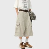 WIAOFELLAS  -  Summer Cotton Casual Pants Men Pocket Cargo Pants Men Japanese Streetwear Hip-hop Loose Wide Leg Pants Mens Calf-Length Pants