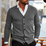 WIAOFELLAS  -  Spring Autumn Mens Solid Color Knitted Cardigan Fashion V-Neck Long Sleeve Slim Fit Sweater Coat with Pockets Men Knit Outwear