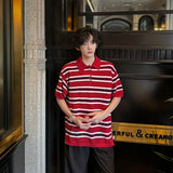 WIAOFELLAS  -  Trendy Men's Contrast Color Striped Buttons Design Loose T-shirt Fashion Casual Lapel Short Sleeves Tops Male Summer