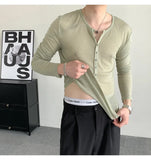 WIAOFELLAS  -  Emerald green deep v-neck perspective long-sleeved T-shirt men's ascetic slim tulle blouse lazy inner Henry collar top