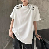 WIAOFELLAS  -  Stylish Men's T-shirts Metal Buckle Patchwork Round Collar Solid Color Niche Tops Short Sleeved Loose Male Tees