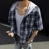 WIAOFELLAS  -  Niche Men's Shirts Hooded Drawstring Plaid Design Short Sleeved Casual Single Breasted Contrast Color Male Clothing