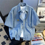 Wiaofellas  -  Bear Embroidery Denim Short Sleeve Shirt Men Summer Thin Loose Five Sleeve Casual Shirt American Cool Leisure Outerwear