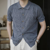 Wiaofellas  -  Summer New Casual Short Sleeve Knit Shirts Men Vintage Textured Knitted Shirt Tops Mens Fashion Button-up Lapel Shirt