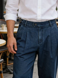 Wiaofellas  -  Spring Summer Men's Denim Look Woven Trousers, Neapolitan Double Pleat  High Waist Straight Leg Business Dress Pants