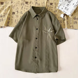 WIAOFELLAS  -  Asian Style Ice Silk Short Sleeve Shirt Men Shirts Bamboo Leaf Embroidery Lightweight Loose Blouse Summer Cool Tops Couple