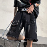 Wiaofellas  -  New Ripped Denim Shorts Men's High Street Straight Leg Fringed Five Quarter Pants