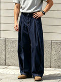 Wiaofellas  -  Men Neapolitan High Waist Double Pleat Straight Leg Suit Pants Stretch Elastic Waist Denim Daily Street Casual Trousers