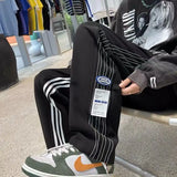 WIAOFELLAS  -  Spring Autumn Contrast Color Bloomers Trousers Pockets Elastic High Waisted Striped Men's Clothing England Style Casual Pants