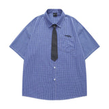 Wiaofellas  -  Japanese Style Casual Embroidered Plaid Short Sleeve Shirt Men's Loose Fit Tie Included Cotton Summer Shirt for Couples