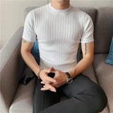 WIAOFELLAS  -  Summer Knitted T Shirt Men Thin Solid Color Half High Neck Striped Short-sleeved Slim T-shirt Streetwear Tops White Black Dark G