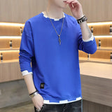 Wiaofellas  -  Fashion O-Neck Solid Color Spliced All-match T-Shirt Men Clothing Autumn New Casual Pullovers Long Sleeve Korean Tee Shirt