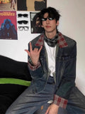 WIAOFELLAS  -  Retro American Design Spring Plaid Patchwork Distred Denim Jaet Men Loose Cool Couple Outerwear Long Sve Button up