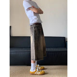 Wiaofellas  -  American retro cropped men wide leg jeans Y2k Gothic washed loose straight casual couple shorts sweatpants