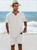 WIAOFELLAS  -  Men s Summer Clothes Solid Color Short sleeve Henley Shirt Elastic Waist Drawstring Pants 2 Pieces Loungewear Set
