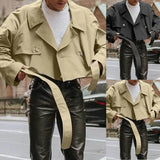WIAOFELLAS  -  Casual Casual Wear Men Lapel Crop Coat Long Sleeve Cargo Jacket Autumn Brand New Lapel Neckline Polyester Regular Length