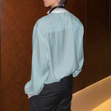 Wiaofellas  -  Men Shirt Lace Patchwork Long Sleeve Stand Collar Men Clothing Tops With Belt Streetwear Fashion Casual Male Shirts