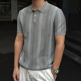 Wiaofellas  -  Stylish Slim Short Sleeve Knit Polo Shirt Men Summer Casual Breathable Hollow Out Polo Shirts Vintage Striped Crochet Polo Tops