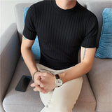 WIAOFELLAS  -  Summer Knitted T Shirt Men Thin Solid Color Half High Neck Striped Short-sleeved Slim T-shirt Streetwear Tops White Black Dark G