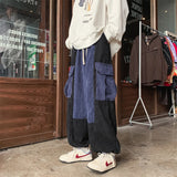 Wiaofellas  -  Winter Corduroy Wide Leg Men Pants Hit Color Spliced Cargo Big Pockets Pants Male Japanese Drawstring Cuff Rock Dance Pants