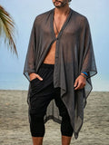 Wiaofellas  -  Beach Casual Breathable Mens Capes Summer Vintage V Neck Loose Mesh Cardigan Solid Color Cloaks Ice Silk Sun-proof Cover-up
