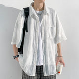 Wiaofellas  -  Told Tale Men's Wavy Grain Pleated Blouse Lapel Short Sleeve Streetwear Casual Male Loose Leisure Solid Shirts Men Clothing